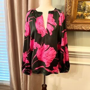 NWOT Sugarlips Eartha Floral Jovie Split Neck Satin Blouse Top Shirt Size MEDIUM